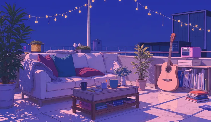 Rooftop at night、nighttime scene、outside of house、with no people、Calm and meditative atmosphere、houseplant、Lo-fi atmosphere、String Light、Cozy sofa、Pink radio with retro design、Hot coffee on the coffee table、Warm blanket、Scattered books、There is an acoustic...