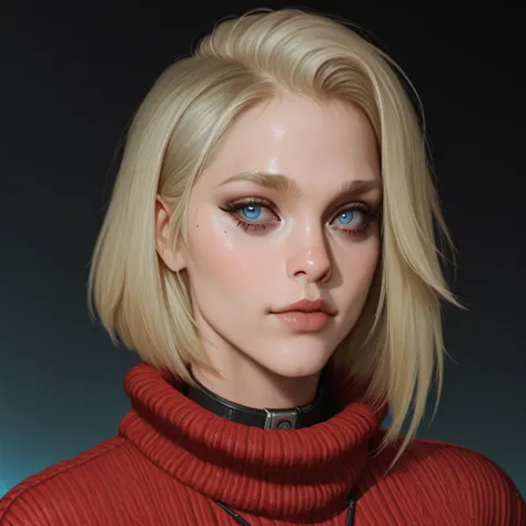 A portrait of a German cyberpunk reporter who looks like actress Michelle Williams, about 38 years old, He wears a red silk sweater with a mao collar, designer jewelry, blue eyes, very short blond hair in male style. I want a realistic style and the backgr...