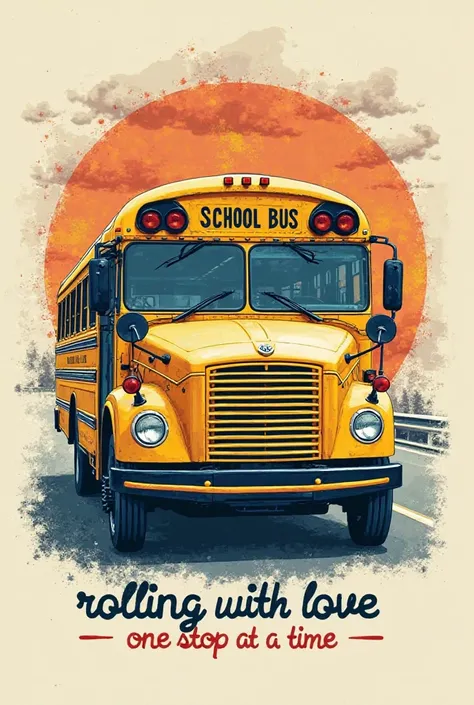 Vintage school bus T shirt design logo text Rolling with love, one stop at a time