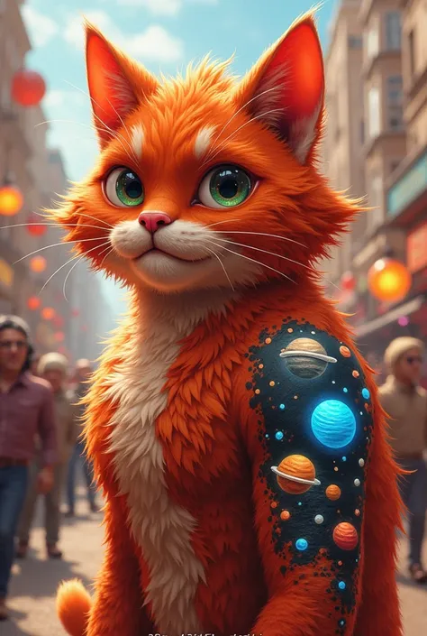 Humanoid red cat with a tattoo depicting planets glowing in a parade on his shoulder