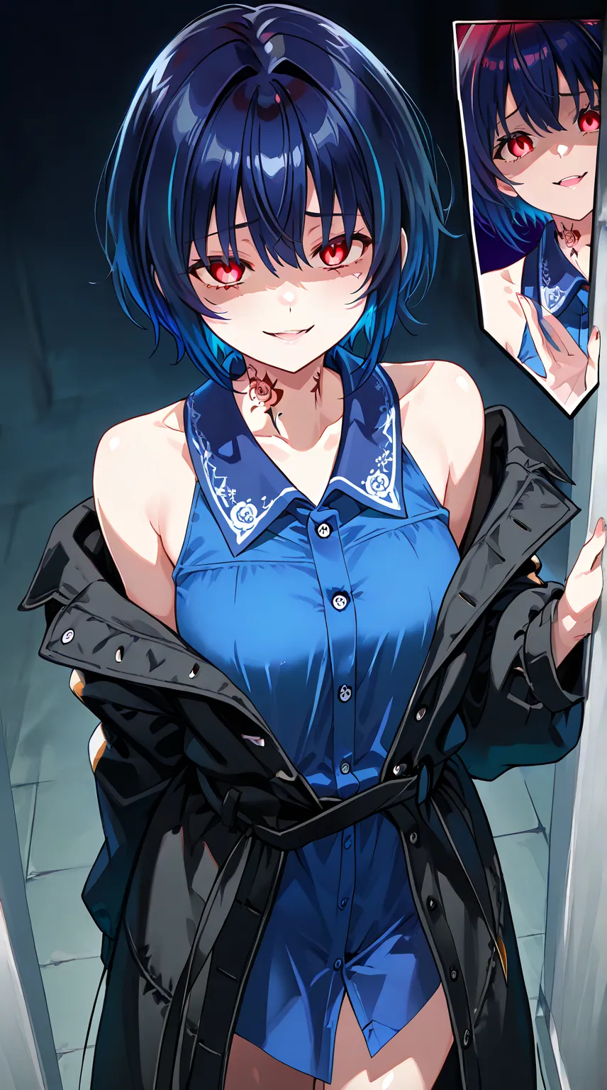 dark blue hair,  short hair, multicolored hair, symbol tattoo on the neck, red eyes, Yandere expression , Yandere,  evil smile, blue blouse with buttons, black coat, Bare shoulders,  different angles , standing, in this, on the right, on the left side 