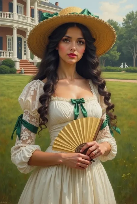 A charming 19th century southern beauty with long dark curls and sophisticated facial features. era She wears an elegant white dress with lace sleeves, decorated with green ribbons, fan and a large straw hat with a wide ribbon, tied under her chin. In her ...