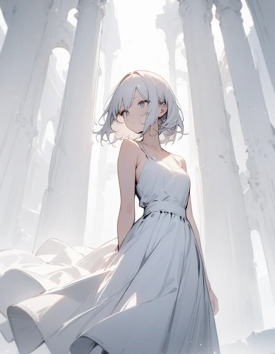 ( masterpiece, best quality:1.2), 1 Girl, alone， stands，pure white background， in a white dress 