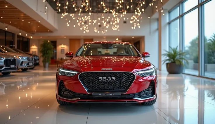 A luxury showroom with bright, elegant lighting showcasing a red Huawei S9 luxury sedan. The car is positioned at the front, displaying its bold grille, sleek LED headlights, and aerodynamic design. The showroom has a high-end, modern aesthetic with glossy...