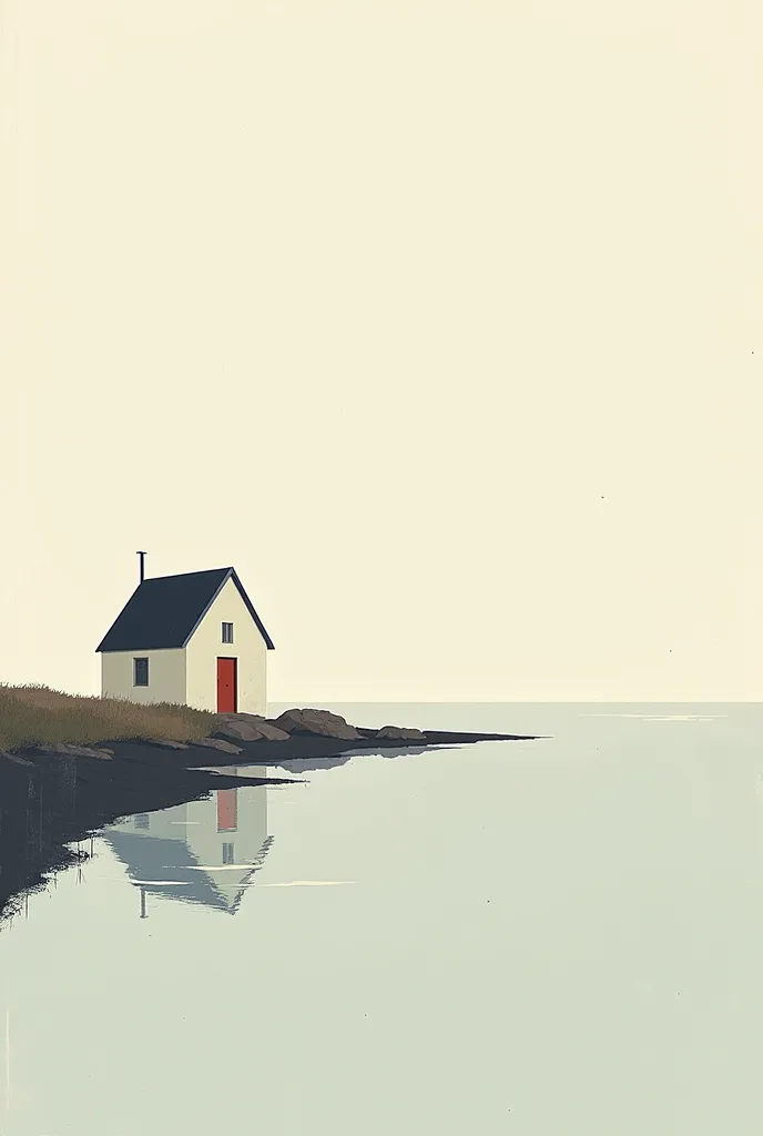 Dans un style très minimaliste , dessin simpliste , ( Jon klassen ) une maison au bord de l’eau 