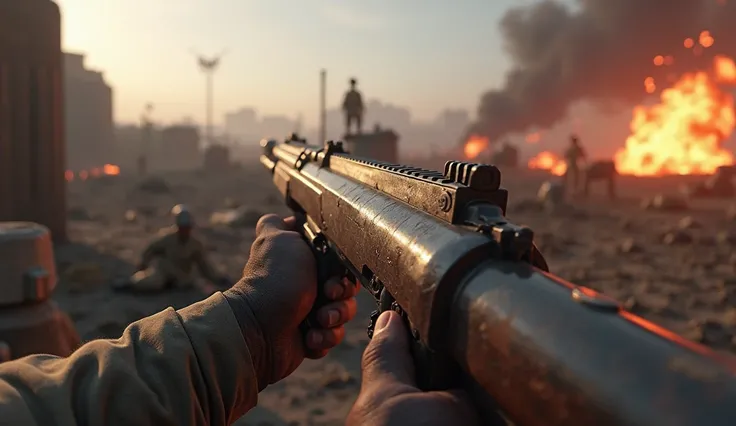 A photorealistic scene inspired by Call of Duty WWII. The foreground features a detailed weapon held in a first-person perspective, with visible hands gripping the weapon, creating a sense of immersion. The background depicts a dramatic World War II battle...