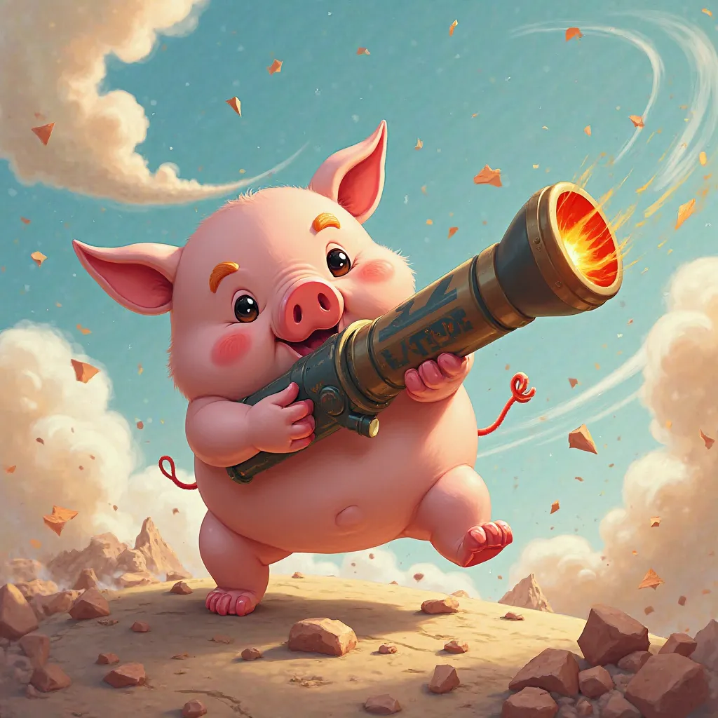 Cute pig fighter holding a bazooka that reads "KOF"