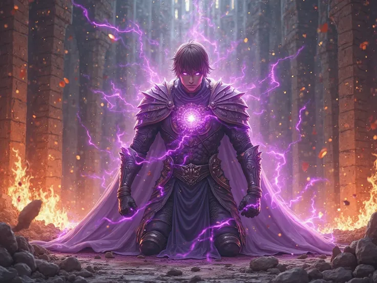 Brown-haired warrior prince on his knees being possessed by purple energy in a realistic medieval anime-style burning kingdom hall 