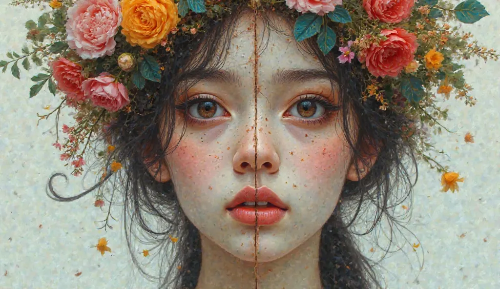 Half of a woman looks happy and alive She has a crown of live flowers on her head, the other half looks unhappy and faded The flowers on the crown on the head are withered shriveled