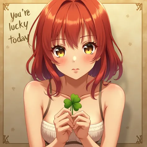 Anime girl with red hair up to her shoulders close-up, holds clover in his hands,  lettering on the background  "You're lucky today ", in underwear