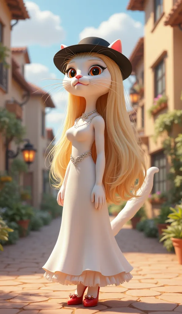 Disney 3 D style anime , Side view, Full body, White Cat,  cat head  blonde hair, defoamer cat face, smile, black small hat,   white evening dress, red hi-heal,  Cat body is long cat hair, A female cat is standing on hi-class town, front gorgeous house,  n...