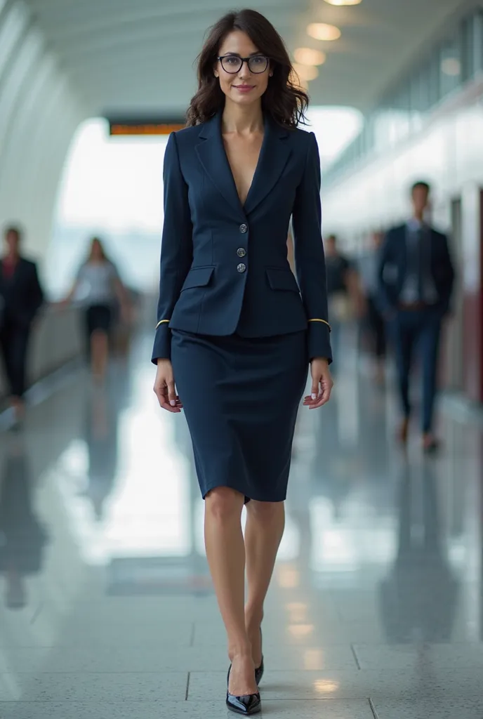 A highly detailed manga-style illustration of an elegant and charismatic 45-year-old woman walking confidently through a modern airport terminal, exuding grace and authority. The composition is a full-body shot, capturing her entire figure in a well-balanc...