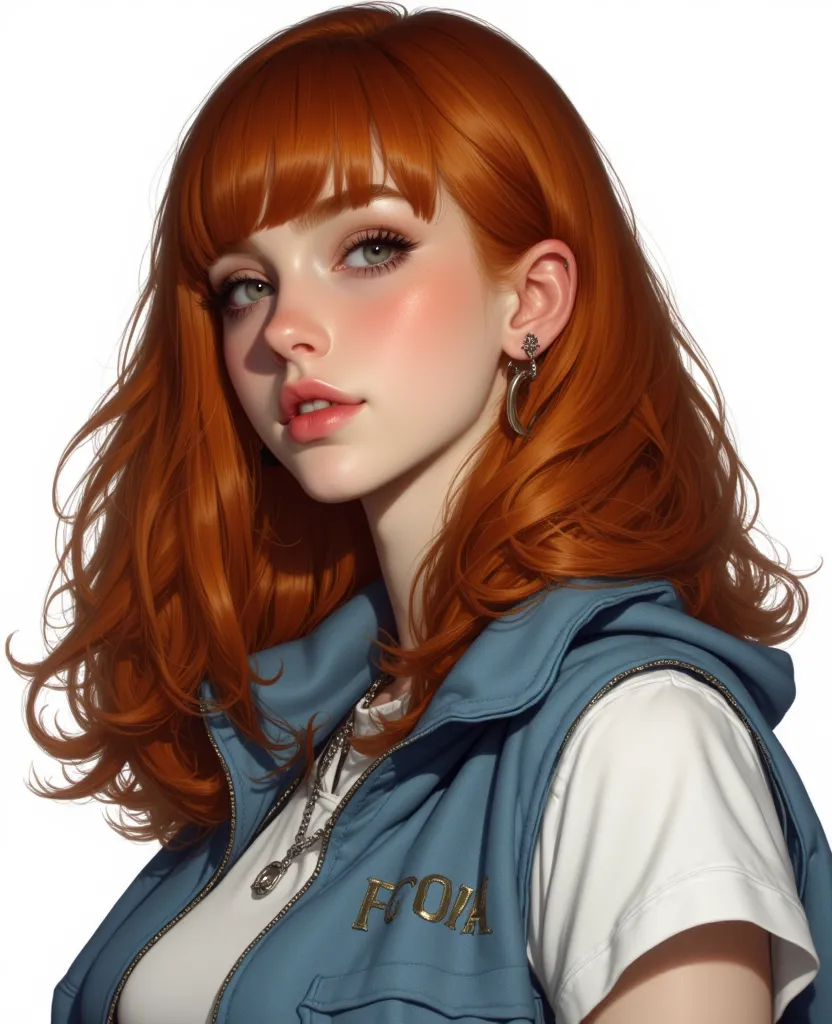 This is a, Digital illustration of a young red-haired woman,  created in a hyper-realistic ,  photorealistic style .  The subject is a fair-skinned woman with a pale skin tone , far away, wavy red hair.  She has impressive , almond-shaped eyes with a penet...