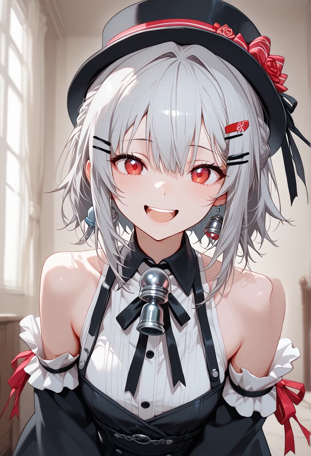 room,[ idol costume, masterpiece,Highest quality,Gray Hair, red eyes,white shirt,(Black dress hat),(HAIR CLIP:1.3),(Small Mouthpiece :1.3),smile,high resolution,4K, black detachable sleeves,  upper body,