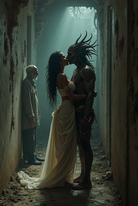 indian dusky skin godess kissing and smooching and cuddling creepy demon in abandoned house in india.while indian muslim oldman watching her from behind the wall at night