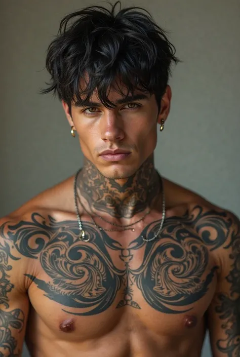 Young man 20 years old black hair tattooed muscular earring 