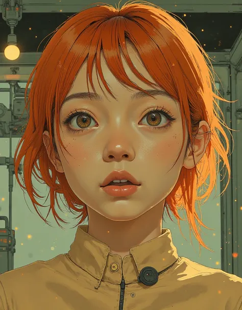 A close-up illustration of a woman's upper body. A girl and (Confused Mechanical Engineering Room: 6.6). (Orange Short Cut: 7.2) The girl is wearing a short-sleeved (beige shirt: 2.5) with her eyes and mouth wide open, looking at the viewer with a cute fac...