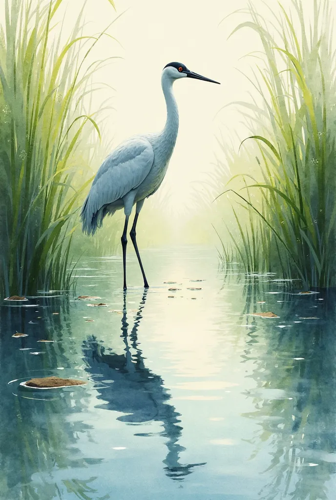 tall, elegant crane standing gracefully near a serene pond, surrounded by lush green reeds.
 * Style: Watercolor, emphasizing the tranquility of the scene.