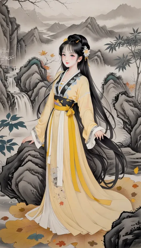  traditional Chinese ink painting ,Yanagizhi ,Black and white ink painting , ( masterpiece,best quality),  vivid illustration , long hair,Fallen Leaves,Bokeh, Mystery,Sky, Clouds ,pretty girl,Lotus Position,Put your hands together for 10 gifts,The light in...