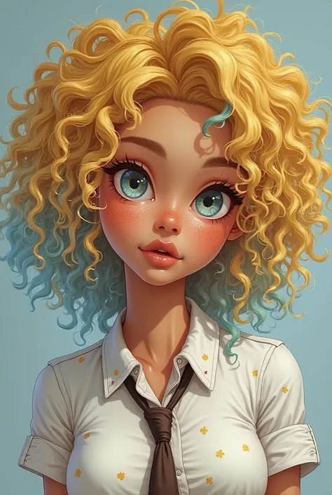 Una chica  Realistic con razgos europeos y un poco africanos pero que sea una combinacion bonita, That your hair is curly yellow with thin light blue locks, with enough curls, preferably type 4A or 3C or 4B,  very white skin,His eyes are bicolored,  light ...