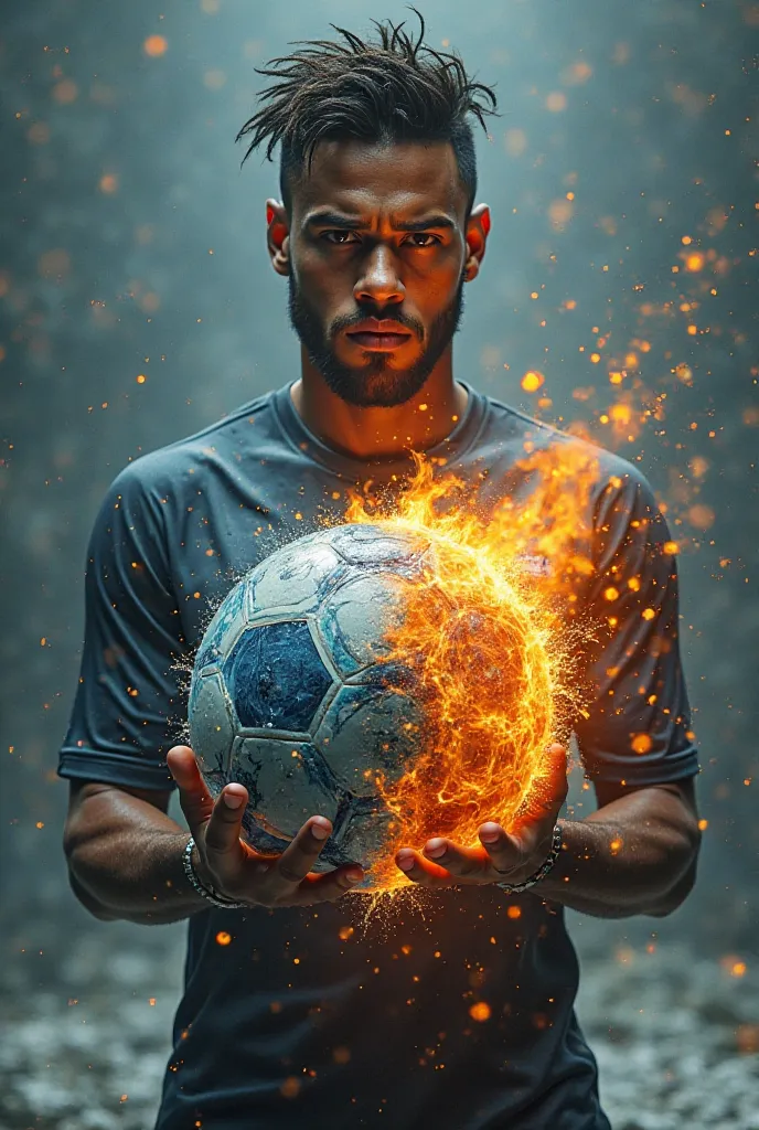 Neymar holds the ball of the world half fire and half water 