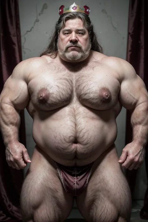 Hyperrealistic image of a man dressed in a pink tulle tutu, a very old and fat bodybuilder. ,Wingo Bear , with a crown of red rose flowers on the head, with long gray hair,with huge flabby pectorals and large, dark nipples, with very developed arms and lar...