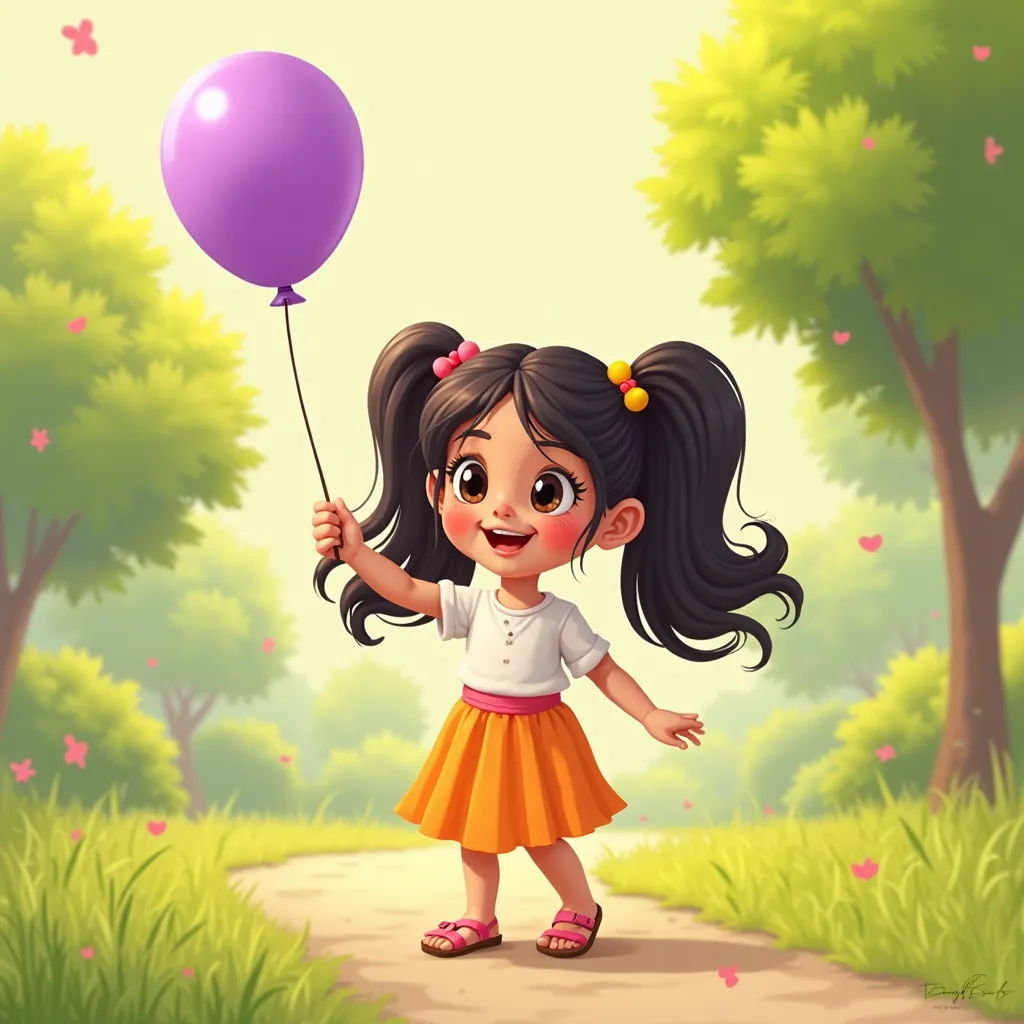 A cartoon Latina girl, 5-, with long dark hair in pigtails and a bright hair clip. She is wearing a bright skirt, white blouse and sandals. In her hand she is holding a balloon (like purple) by a string, which is gently swaying. The background is a soft gr...