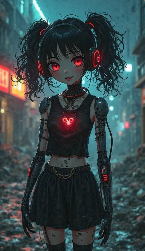 Semi-destroyed girl with curly black hair with pigtails wearing black clothes, On her right arm and leg she has robotic parts with red and black cables, on her chest an artificial heart and robotic parts and headphones on her face, Environment in an anime-...