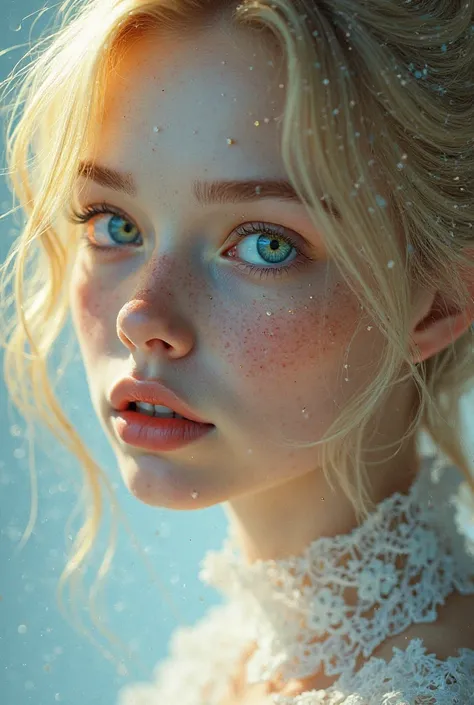 White girl with yellow and light blue eyes, yellow hair with thin light blue locks,  white skin and freckles 