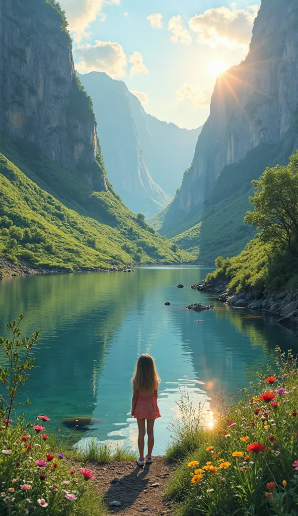 "A breathtaking natural landscape with towering mountains covered in lush green grass, a crystal-clear pond reflecting the sky, and vibrant wildflowers blooming along the shore. A young girl stands gracefully at the edge of the pond, gazing at the serene w...