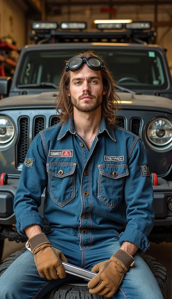 Make a handsome young man have RATHER LONG HAIR wearing a blue mechanical denim jumpsuit with an inscription "GILANG VLOG" on the chest . He holds a large wrench, wears brown work gloves, and has glasses (goggles)  Above his head . He sits on a large tire ...