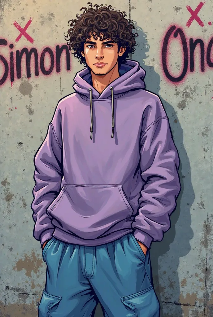 I would like a picture in the comic/ cartoon style,a bit in the direction of hop hop, young and cool. 
In the background is a wall with two graphitis, x} One Grafiti is slightly larger and shows the name Simon, The second Grafiti is a bit smaller and shows...