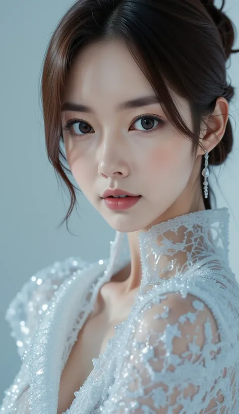 close up portrait of a asian supermodel in a high fashion pose wearing a dress made of ice