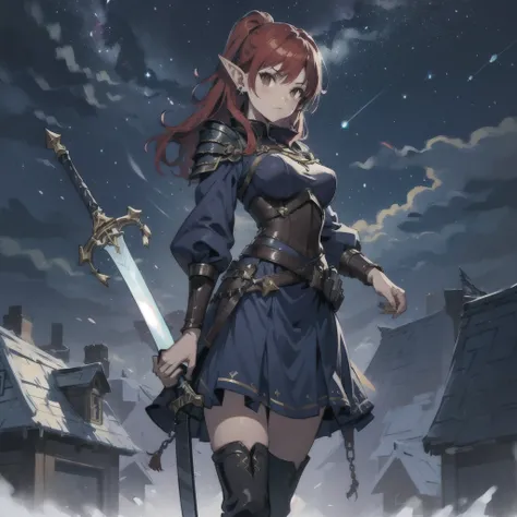 One Girl、One girl,Expressionless、Fantastic look、Fairy, Pointed Ears, masterpiece, Best Quality, High resolution,, One girl, Alone, Red Hair, Brown eyes, Long Hair , Big Breasts,  Thigh-high boots,Holding the Sword、Big Sword、 armor、鉄のarmor、 Blue Skirt, Dark...