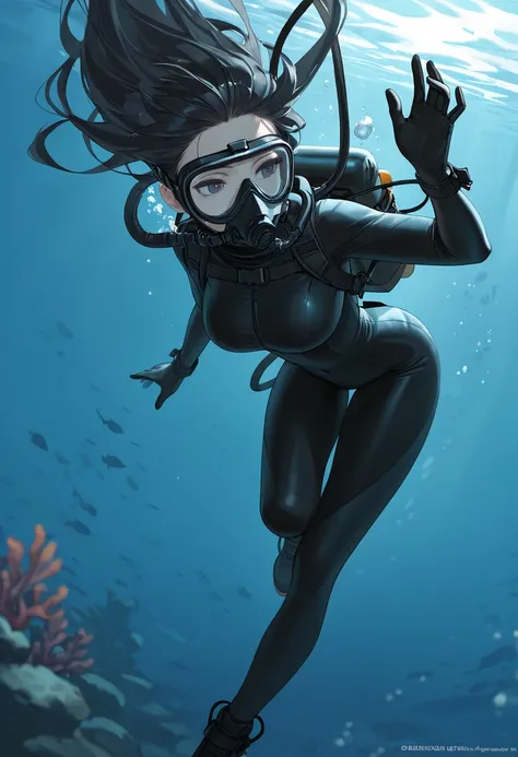  masterpiece, TOP QUALITY, great quality, very aesthetic, high definition,  latest, hyper-detailed, 1 woman, long hair, scuba diving, underwater, full black wetsuit, scuba gear