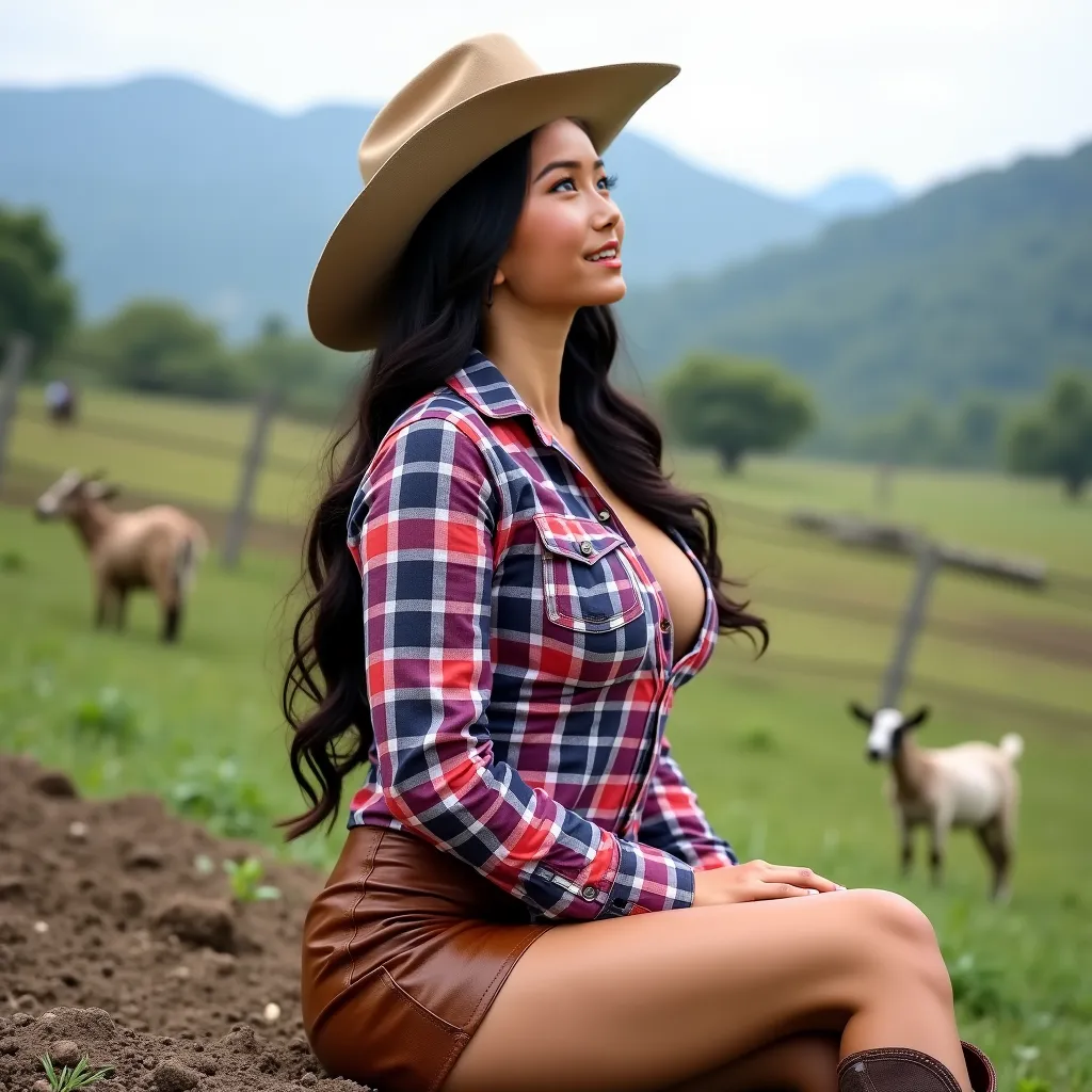 Sexy big boobed Thai Cowgirl, smooth skin, beautiful face, Huge breasts, nice boobed, Dressed as a cowboy, fitted plaid cowboy shirt, not showing off the sexy breasts, sexy short cowgirl skirt, brown leather skirt, showing off beautiful sexy legs, wearing ...