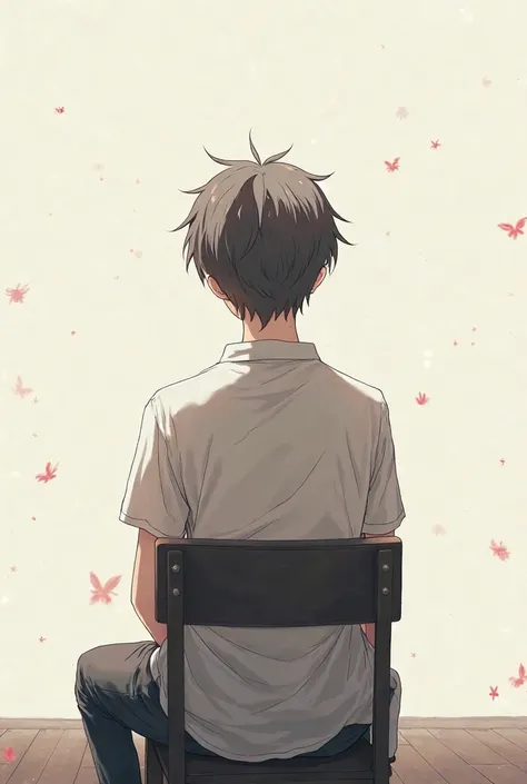 A anime boy character sitting on a chair. The perspective of this image will be from back side and in 16:9 ratio size