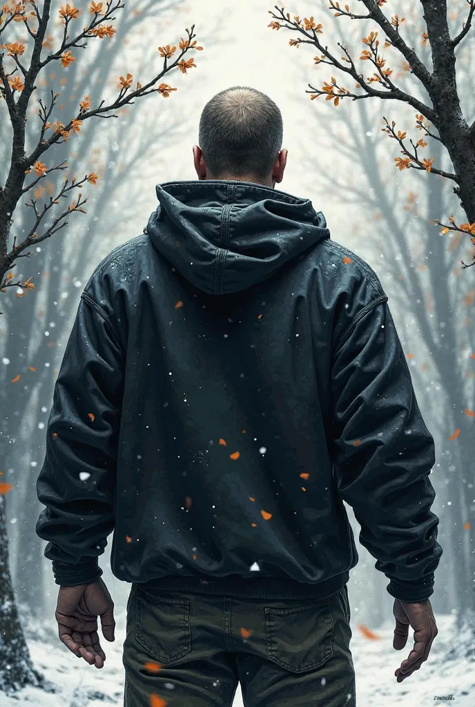 A mature big man stands with his back in a black hoodie against the background of winter and spring at the same time