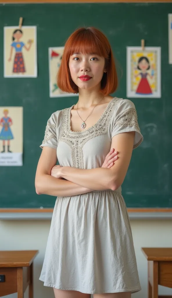 A light-skinned woman, in her mid-20s to mid-30s, stands in a classroom setting. She is positioned slightly to the left of center in the frame, facing directly towards the camera. Her expression is neutral and attentive. She has short, auburn bob hair with...