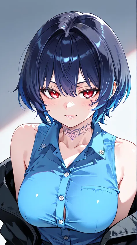 dark blue hair,  short hair, multicolored hair, symbol tattoo on the neck, red eyes,  sexy expression, naughty, erotic smile, blue blouse with buttons,  blouse open between the breasts , black coat, Bare shoulders,  hottie