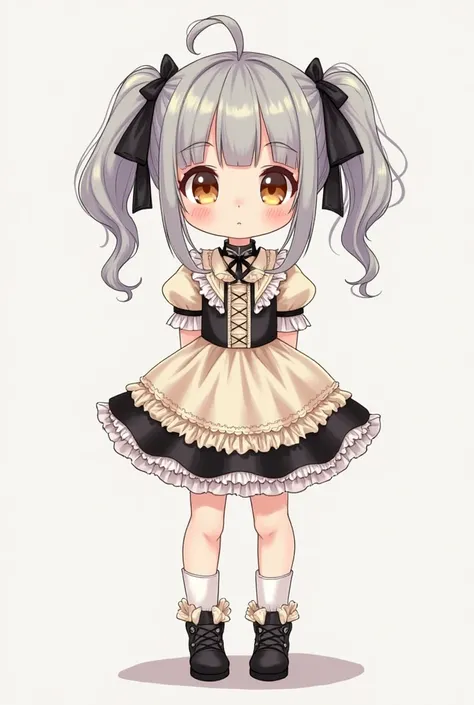 Little anime girl with gray straight bangs and top of her head, but short protruding tails are deep black, A cute anime girl with a short fluffy skirt, that emphasizes her fragile figure. Her hair is silver-gray, with neat straight bangs, but the, look col...