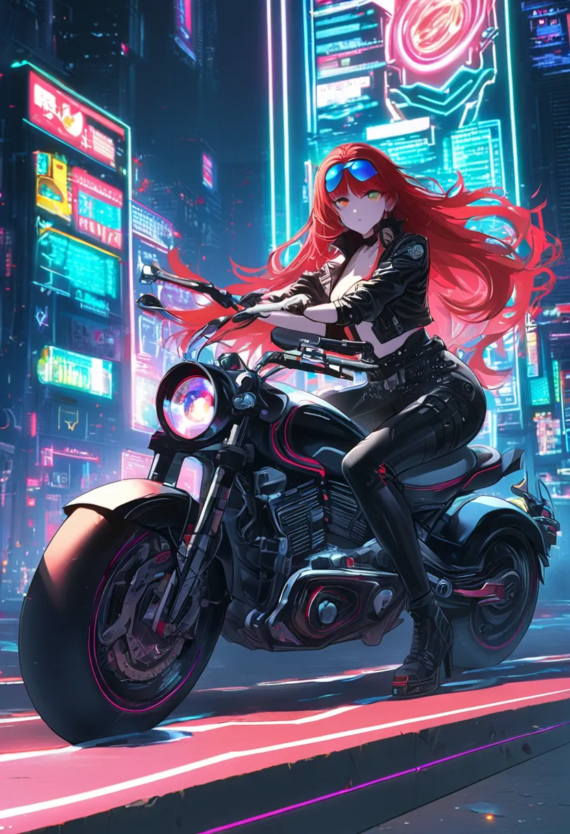 A fusion of cyberpunk and American classic aesthetics: a stunning red-haired woman sits confidently on a fully customized Harley-style cyberbike. The bike combines sleek futuristic technology with the bold, rugged design of a classic cruiser, featuring glo...