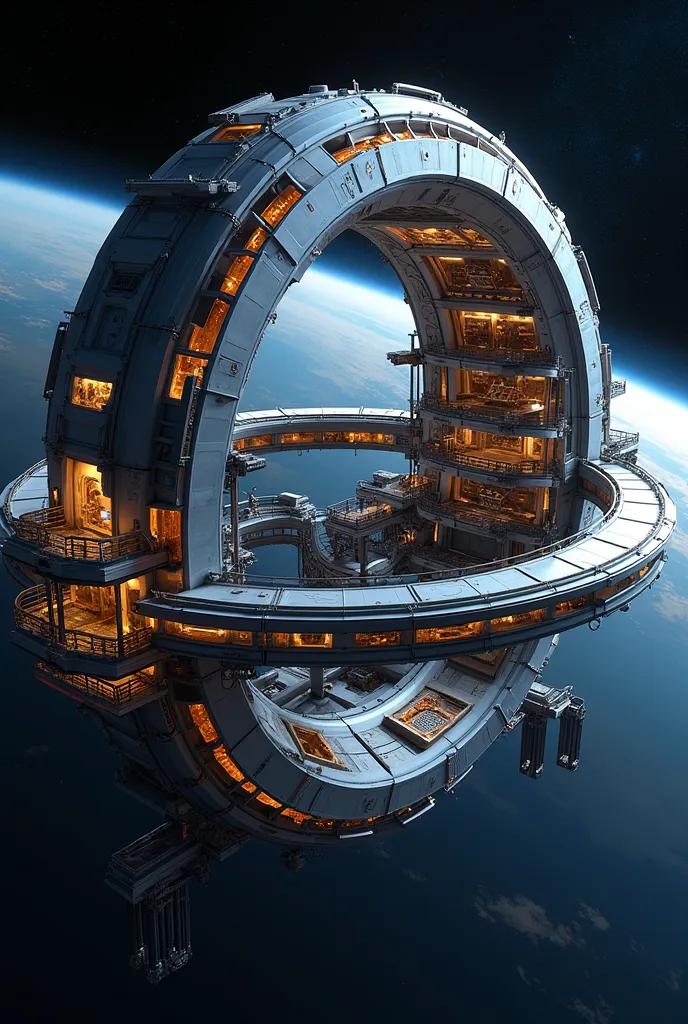 A futuristic, rotating space station designed for artificial gravity. The station consists of a massive toroidal (donut-shaped) habitat ring that rotates around a central axis to generate centrifugal force, simulating gravity for its occupants. The outer s...