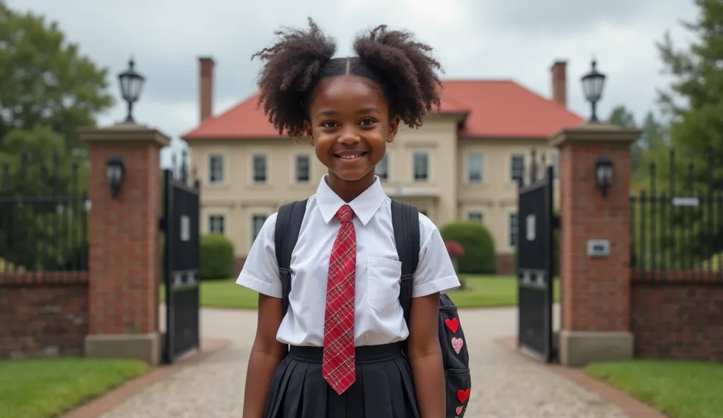 The brown skin teenage girl appears to be a high school student, dressed in a neat and stylish school uniform consisting of:
A crisp white short-sleeved blouse.
A red plaid tie matching her pleated skirt.
She has dark skin, a radiant complexion, and a soft...