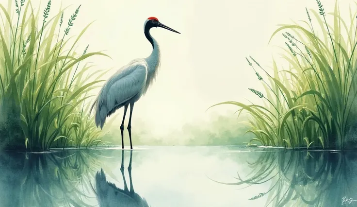 tall, elegant crane standing gracefully near a serene pond, surrounded by lush green reeds.
 * Style: Watercolor, emphasizing the tranquility of the scene.