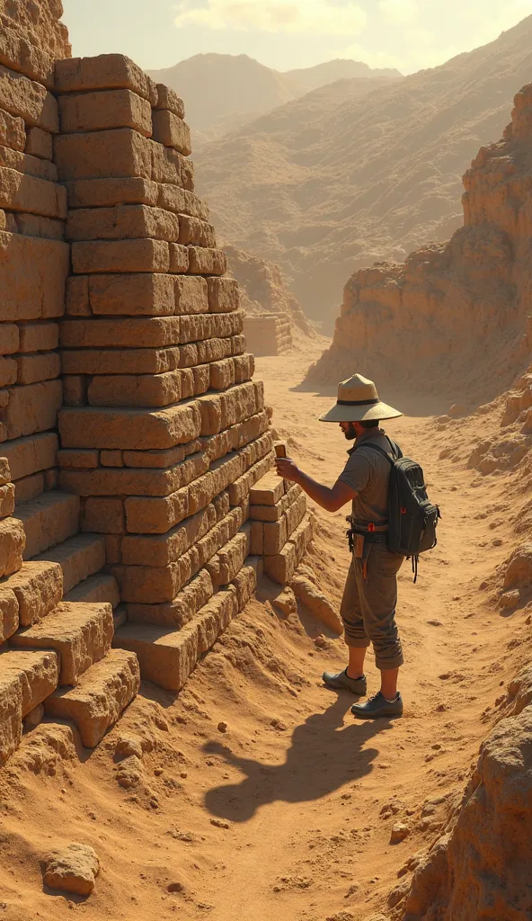 Scene 1 (Discovery of Caral)
"A realistic scene of an archaeologist in the desert, wearing a hat and holding a brush, uncovering an ancient stone pyramid. The background shows a dry, rocky valley with ruins partially buried in the sand. The sun casts long ...