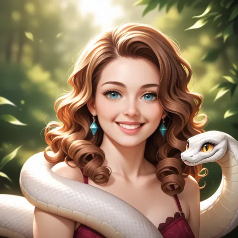 1 solo girl Long Hair brown  hair curle hair smile part eye White shiny snake