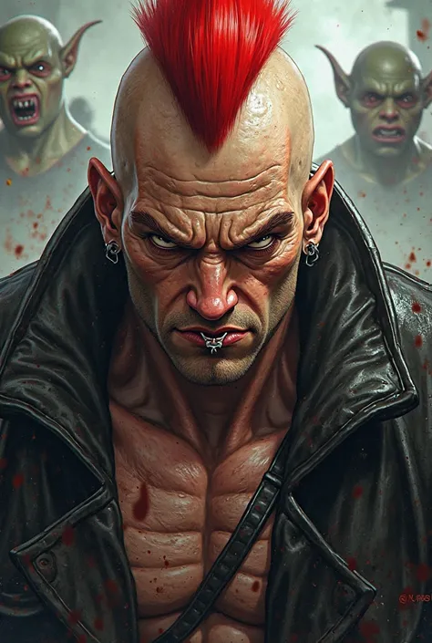 Highest quality, textured skin, Skinhead Man,Hahaha,Red Mohawk Trimming,  muscular,A jacket with black fur and leather on bare skin,Mouth piercing,Intimidating, blank stare, goblins, anime, 