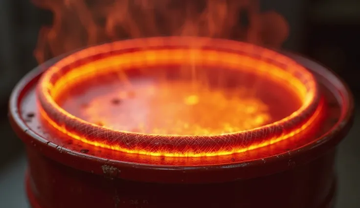 A high-quality close-up of a silicone band drum heater wrapped around a drum, showcasing the flexibility and precise temperature control. The image should highlight the uniform heat distribution across the drum