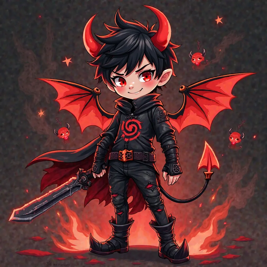 A young devil warrior with a mischievous yet powerful aura, designed in a striking black, white, and red color scheme. The  has short, spiky hair with sharp devil horns protruding from their forehead, glowing red eyes, and a playful yet eerie grin. Their p...